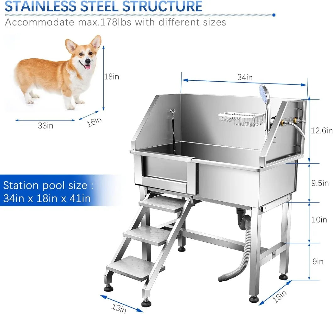 34 Inch Dog Bathing Station for Small Dogs with Sliding Door and Detachable Stairs