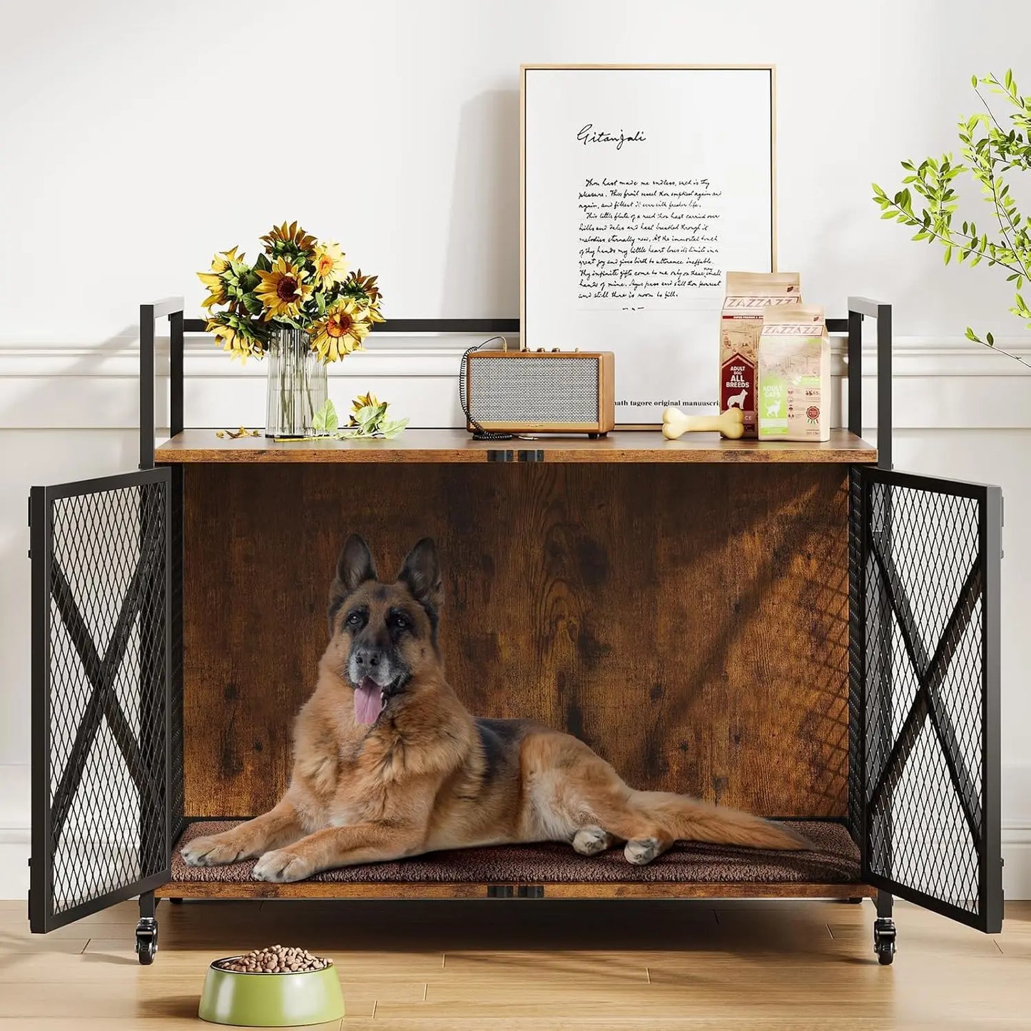 Large Wooden Dog Crate Furniture With Lockable Wheels Indoor Dog House