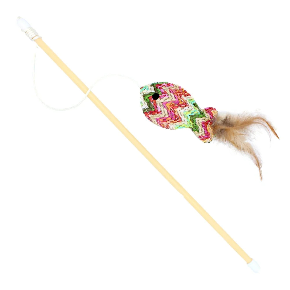 3 Pack Interactive Cat Wand with Fish Toy 18 Inch Flexible Natural Fiber