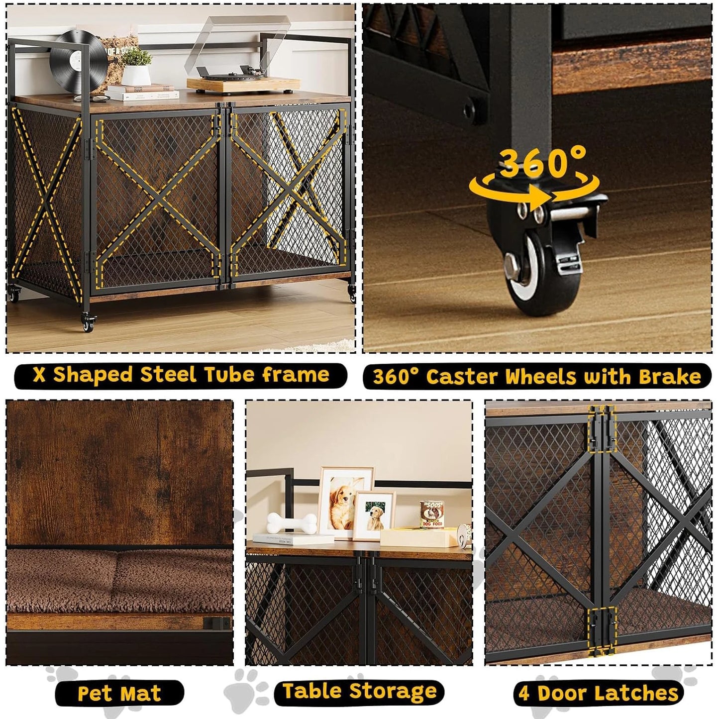 Large Wooden Dog Crate Furniture With Lockable Wheels Indoor Dog House