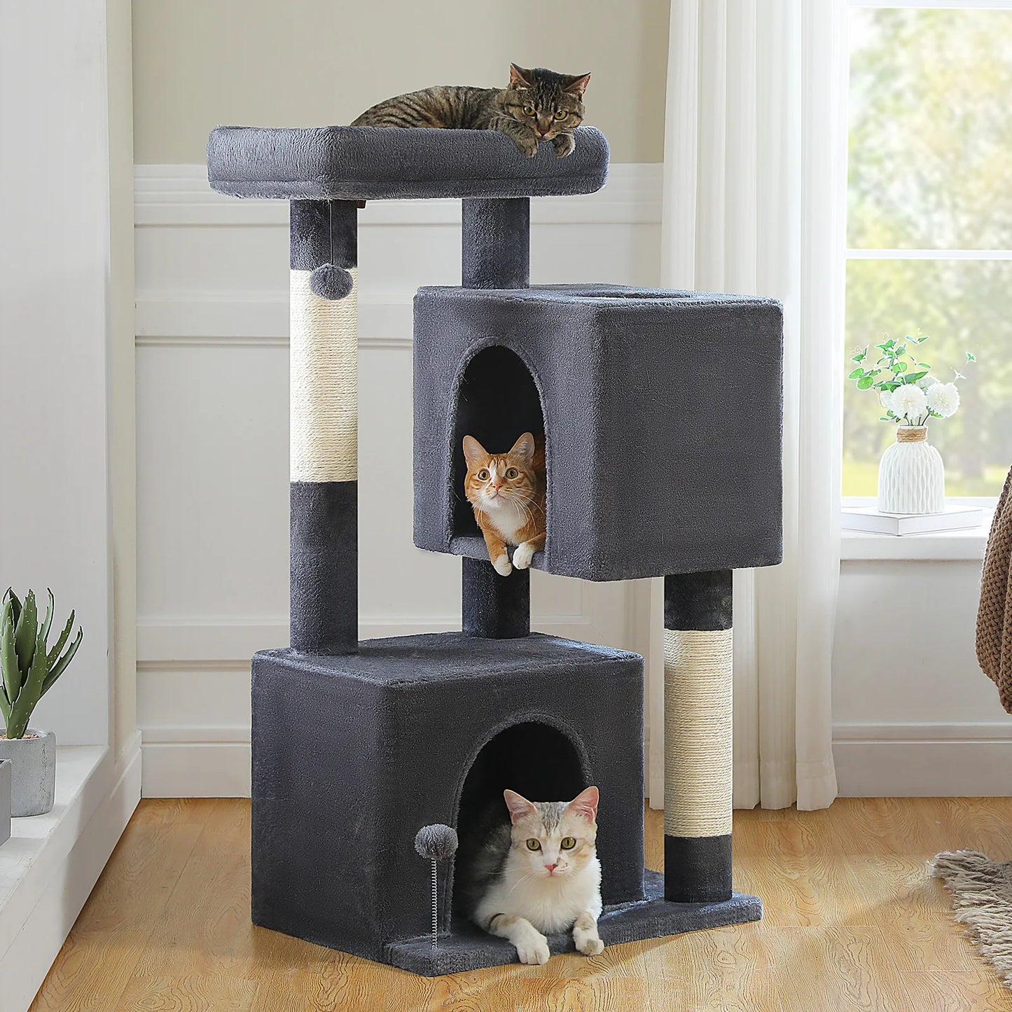 PEQULTICN Three Level Cat Tree With Cat House And Pompoms