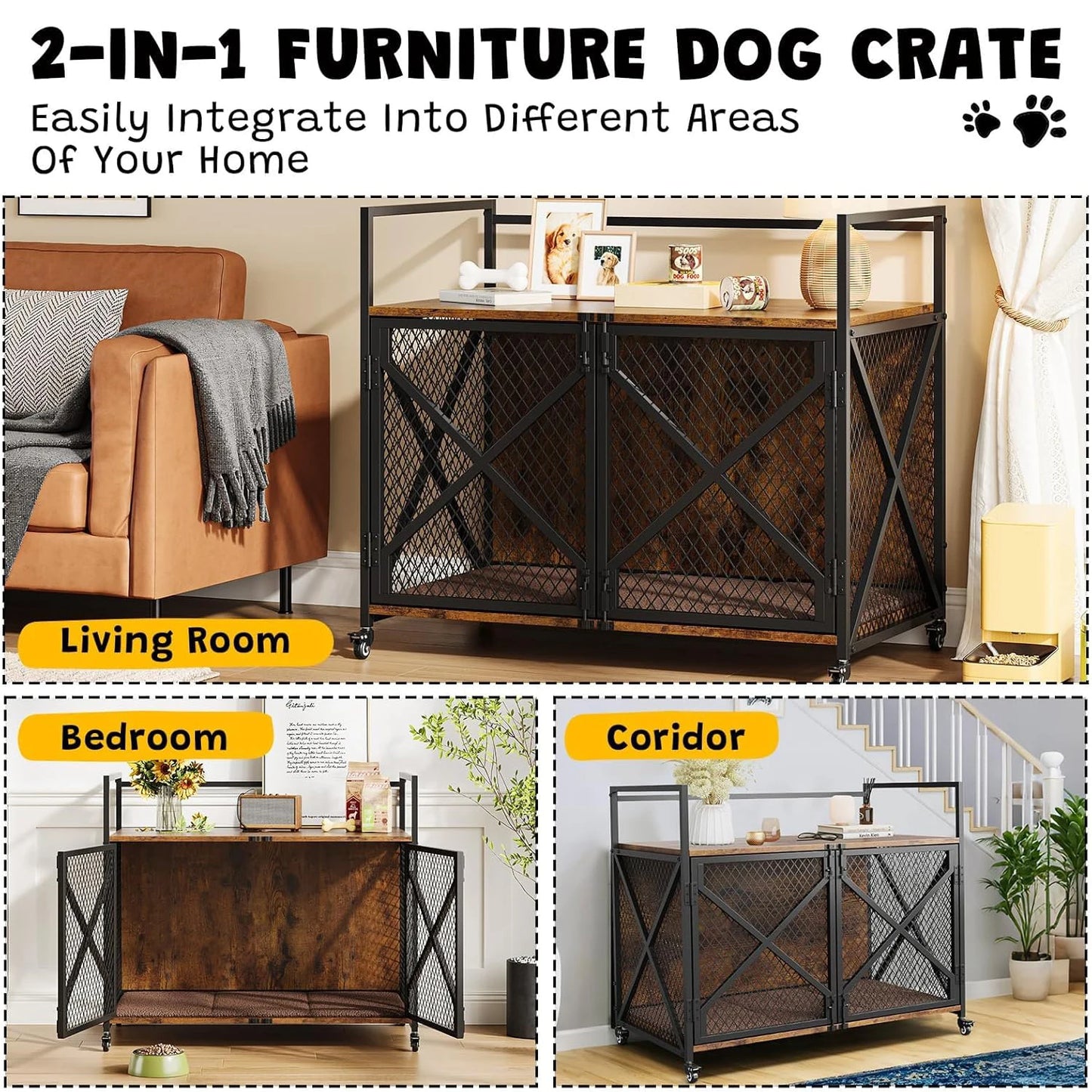 Large Wooden Dog Crate Furniture With Lockable Wheels Indoor Dog House