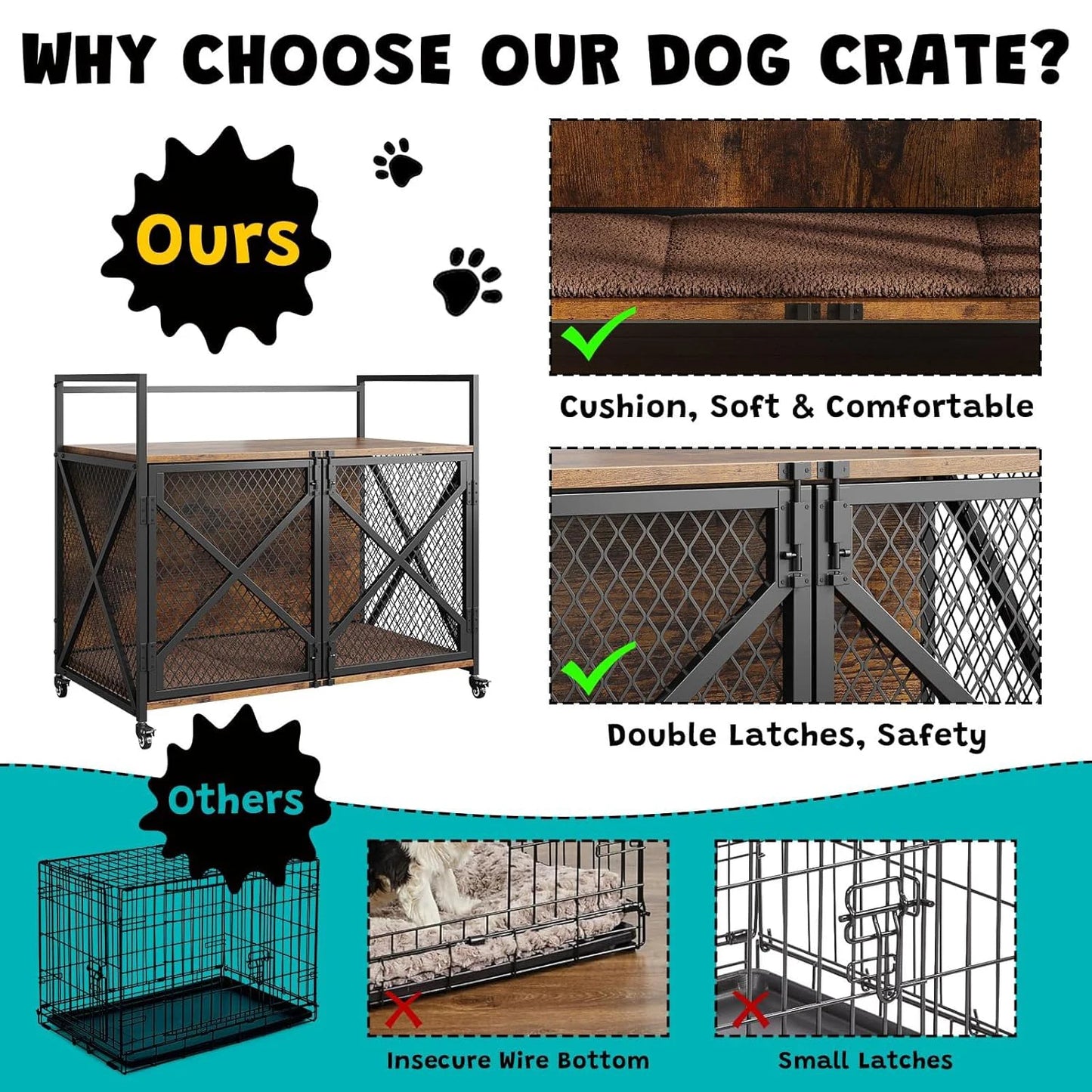 Large Wooden Dog Crate Furniture With Lockable Wheels Indoor Dog House