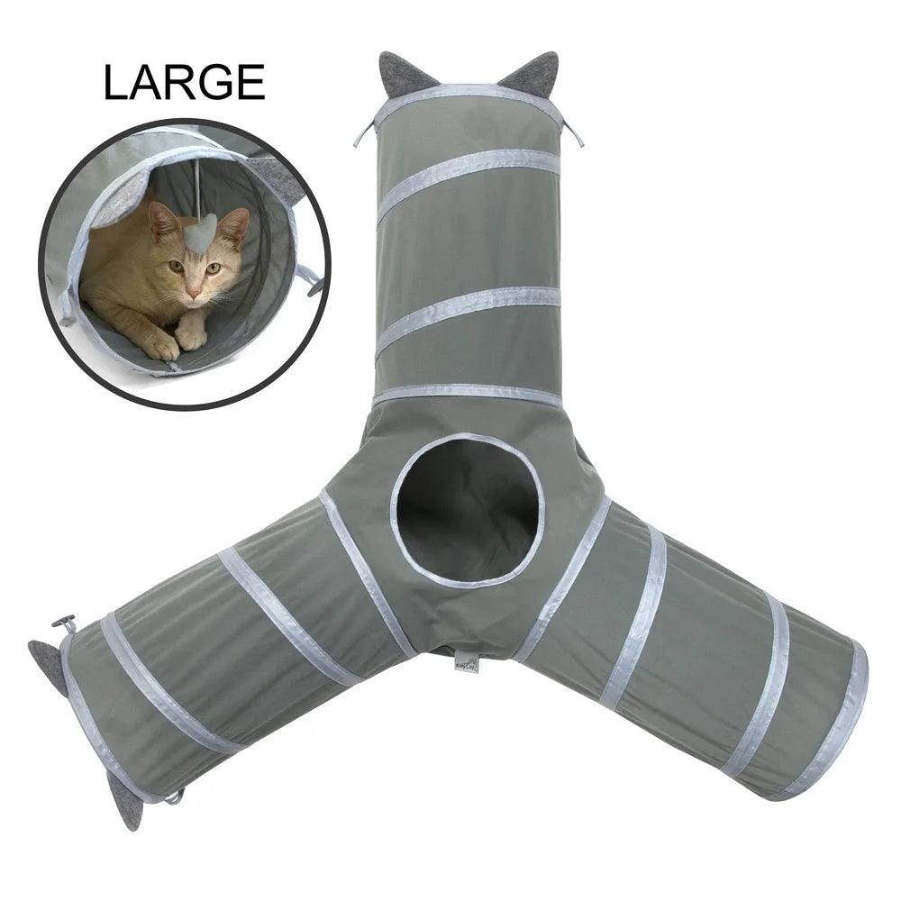 Gray 3-Way Cat Tunnel Playset with Catnip Toys and Expandable Bed