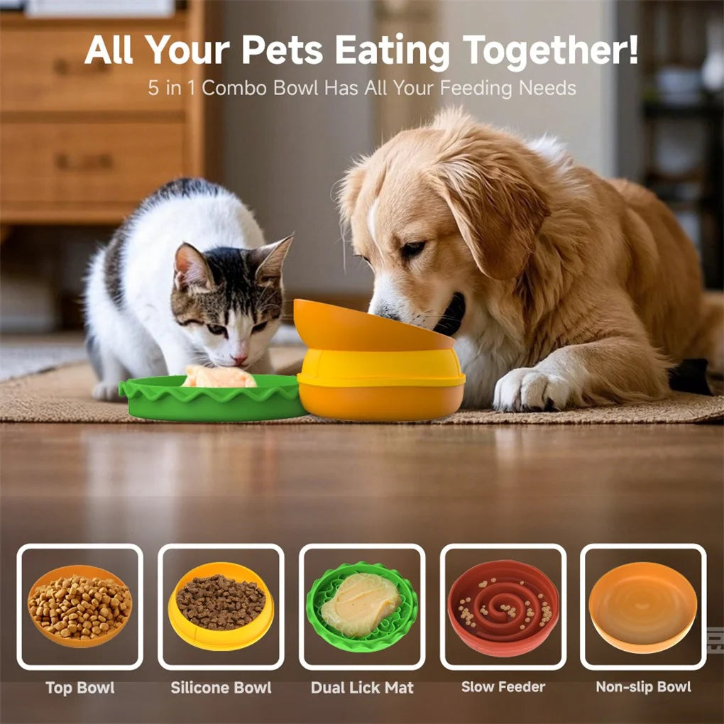 5-in-1 Burger Pet Bowls Set for Dogs and Cats with Elevated and Slow Feeder Design