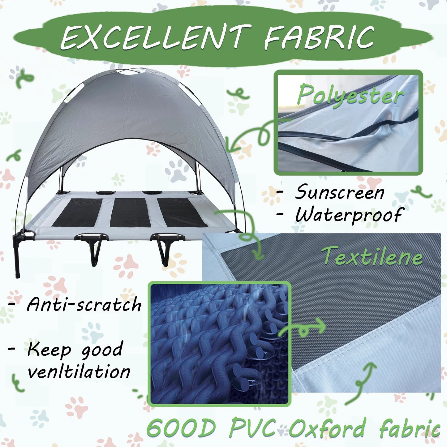 Elevated Dog Bed with Canopy Anti Scratch Portable Cot for Indoor Outdoor Use