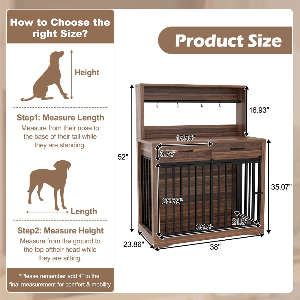 38 Inch Heavy Duty Dog Crate Furniture with Storage Drawers and Shelves