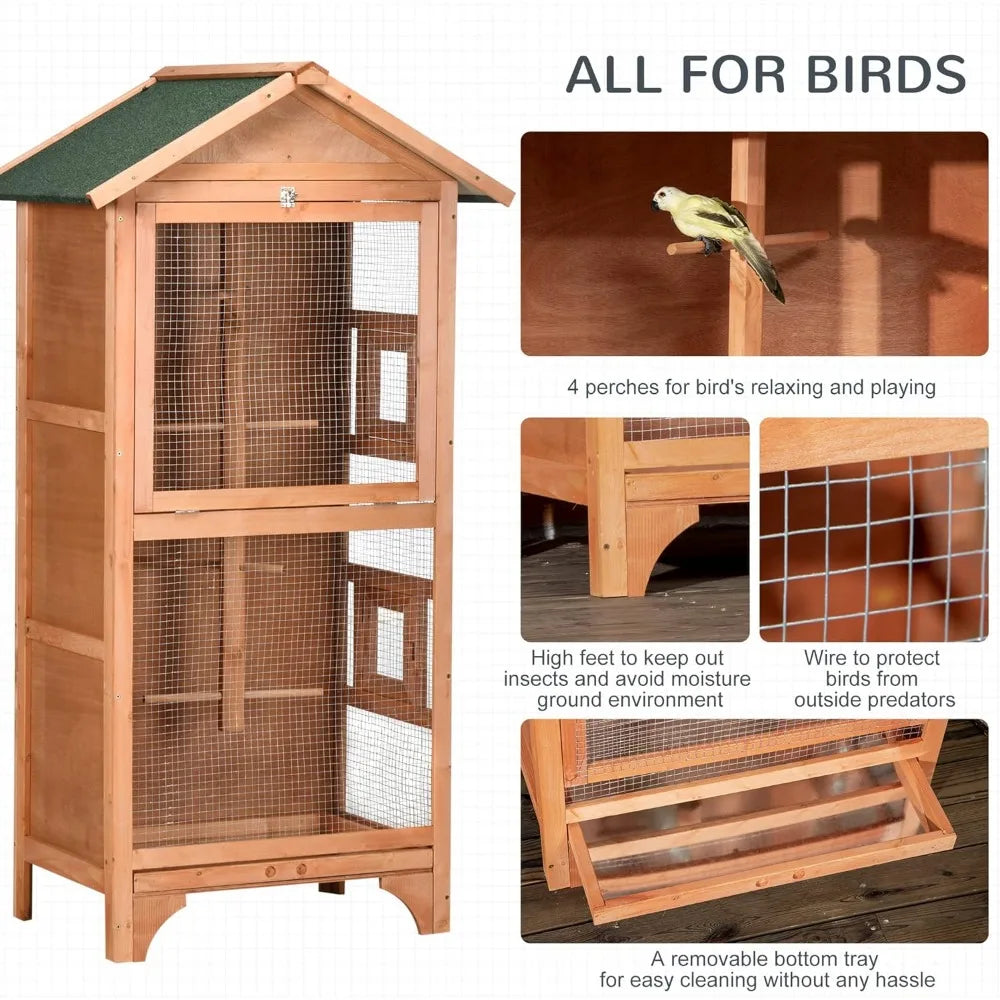 60 Inch Wooden Outdoor Bird Cage for Finches and Parakeets with Removable Tray