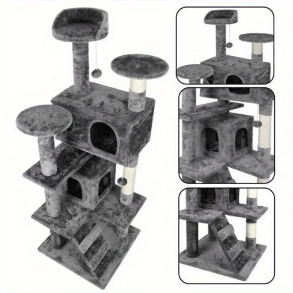 55 Inch Cat Tree Tower Activity Center Three-Tier House in Grey Beige Blue Brown Pink