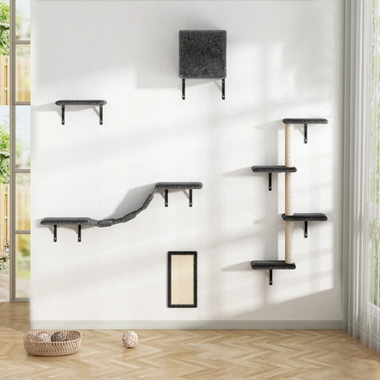 5 Piece Wall Mounted Cat Climber Set with Shelves Perches and Scratching Posts
