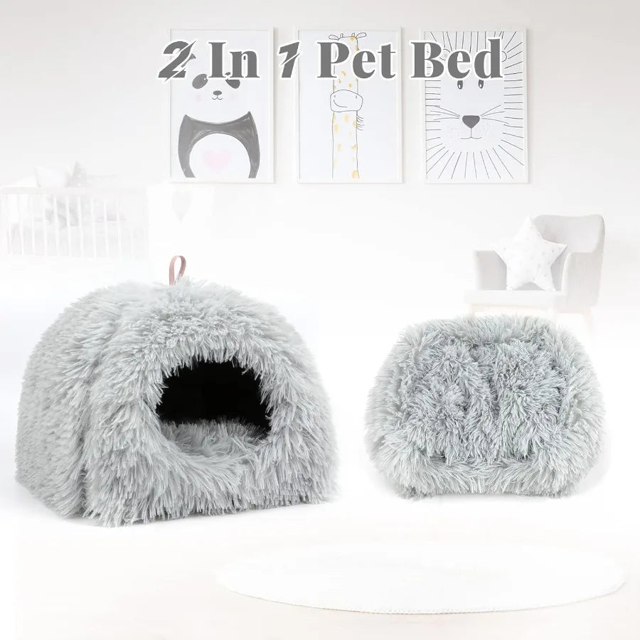 Plush Calming Hideout Bed for Small Animals Like Guinea Pigs and Rabbits Grey
