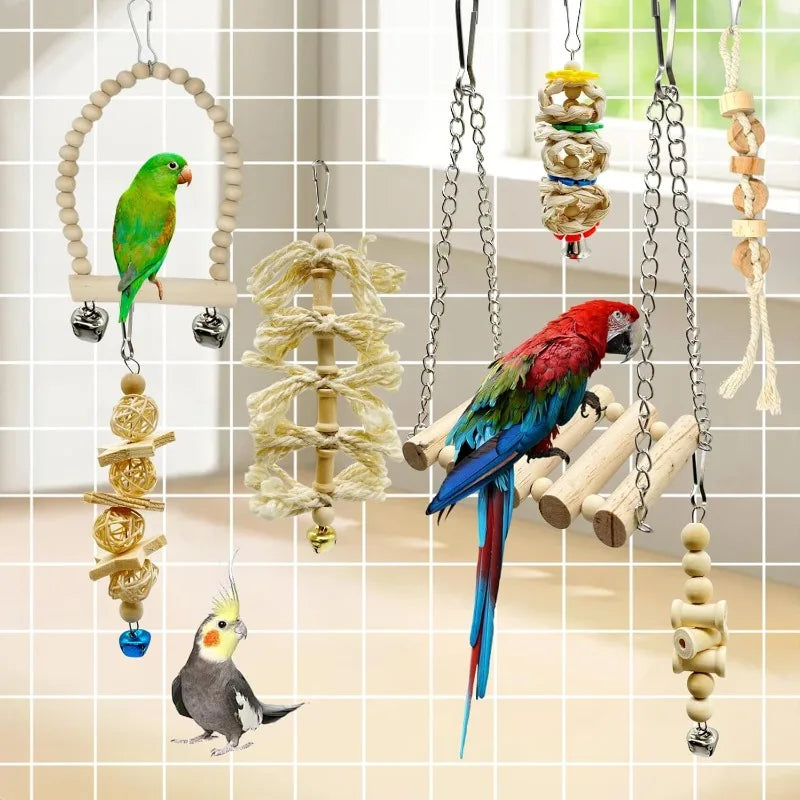 Zhejiang Parrot Bird Wood Swing Chew Bell Cage Toy Perch