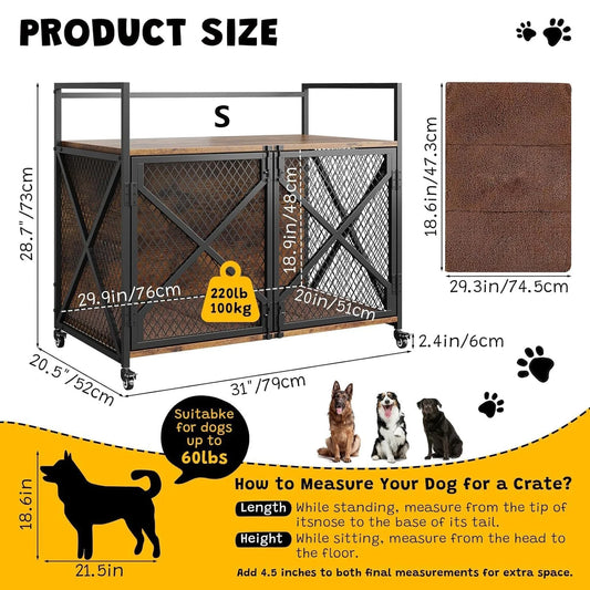 Large Wooden Dog Crate Furniture With Lockable Wheels Indoor Dog House