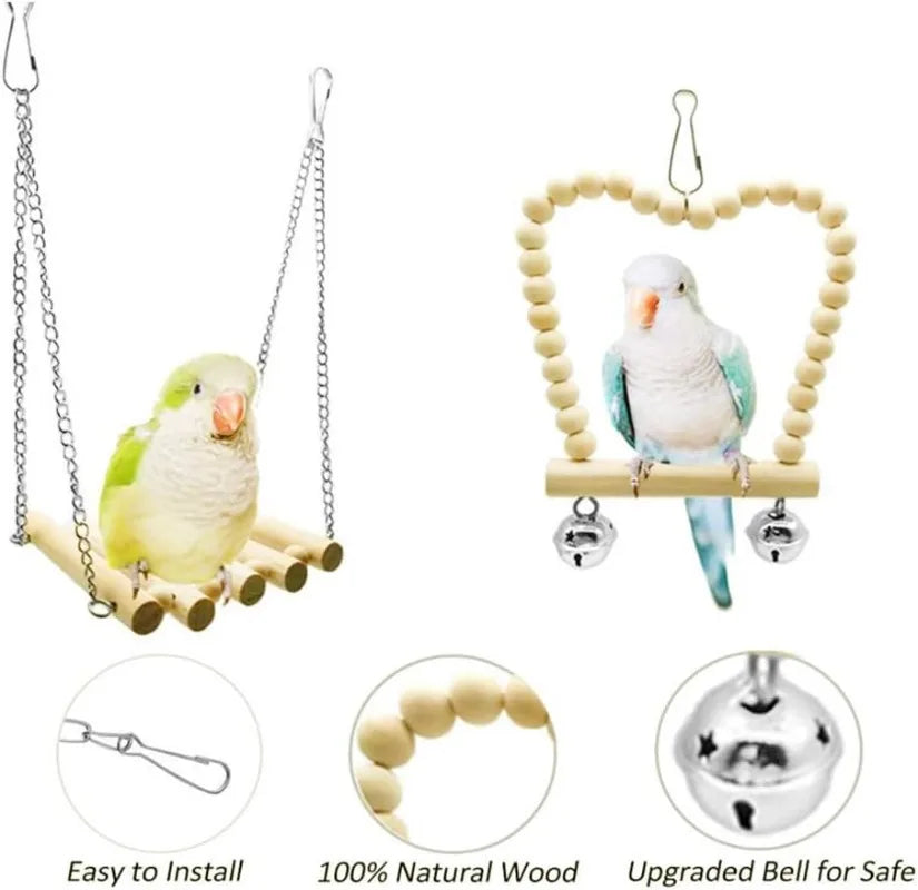 Zhejiang Parrot Bird Wood Swing Chew Bell Cage Toy Perch