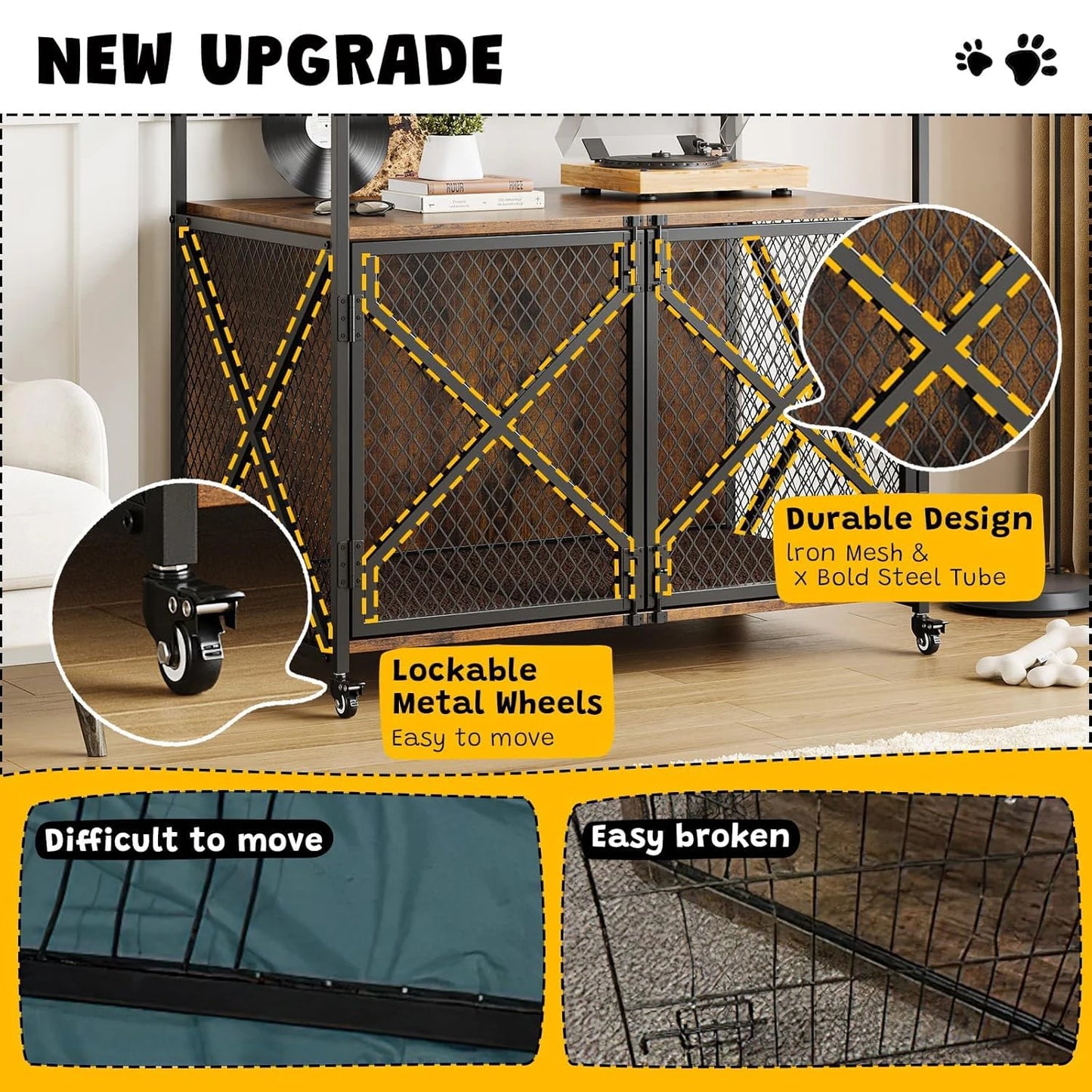 Large Wooden Dog Crate Furniture With Lockable Wheels Indoor Dog House
