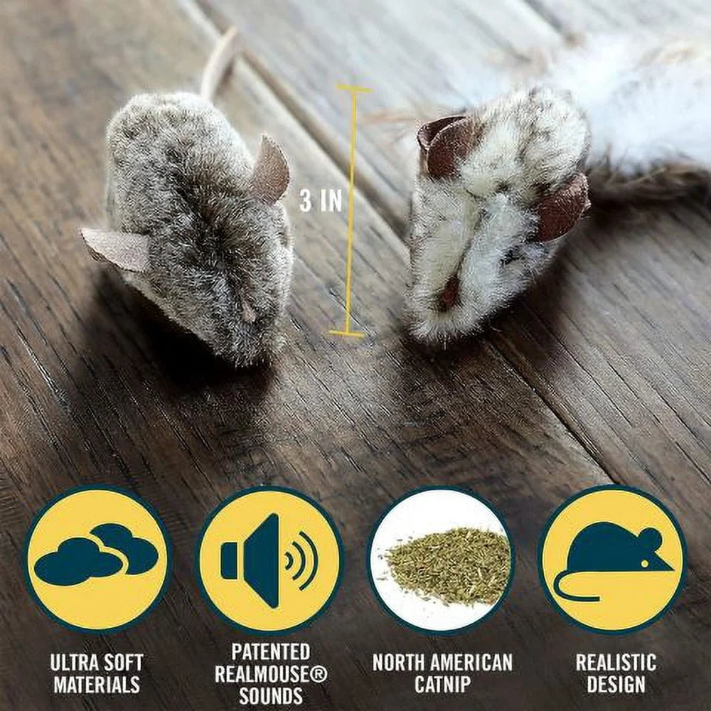 Interactive Catnip Mouse Toy Pack of 2 with Realistic Sound and Feathered Tail
