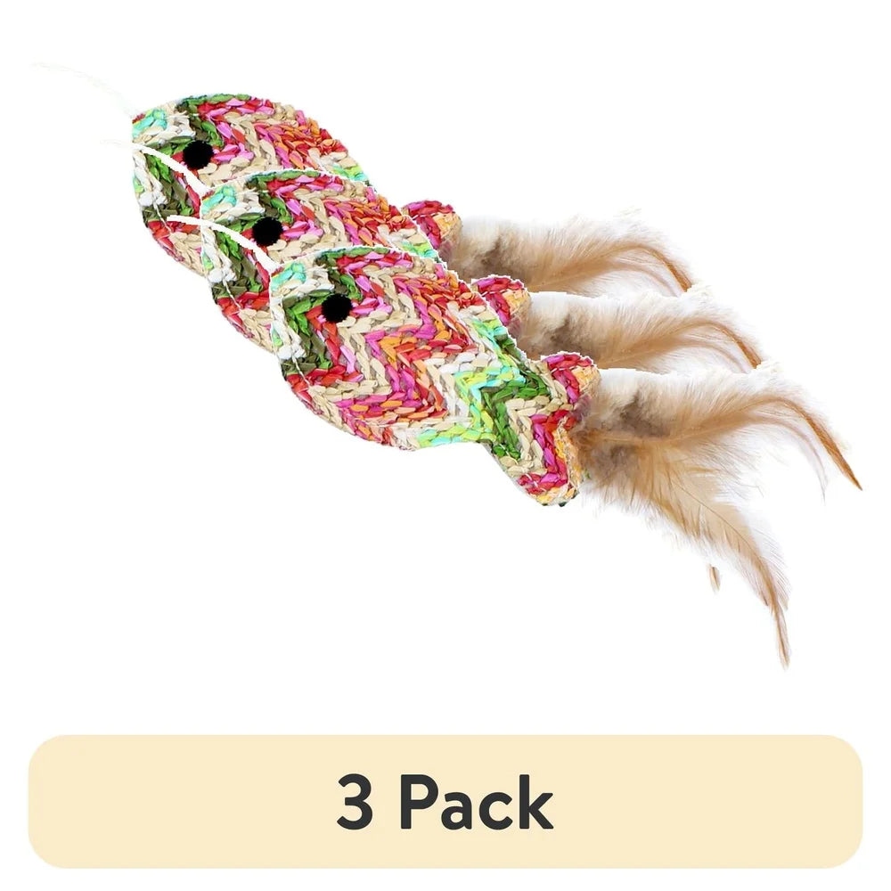 3 Pack Interactive Cat Wand with Fish Toy 18 Inch Flexible Natural Fiber