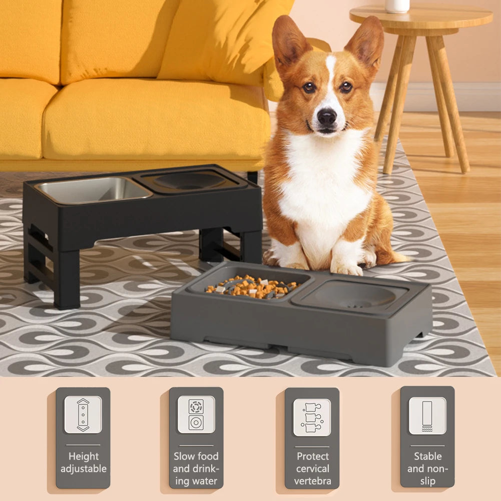3 In 1 Adjustable Height Stainless Steel Pet Slow Feed Water Bowl