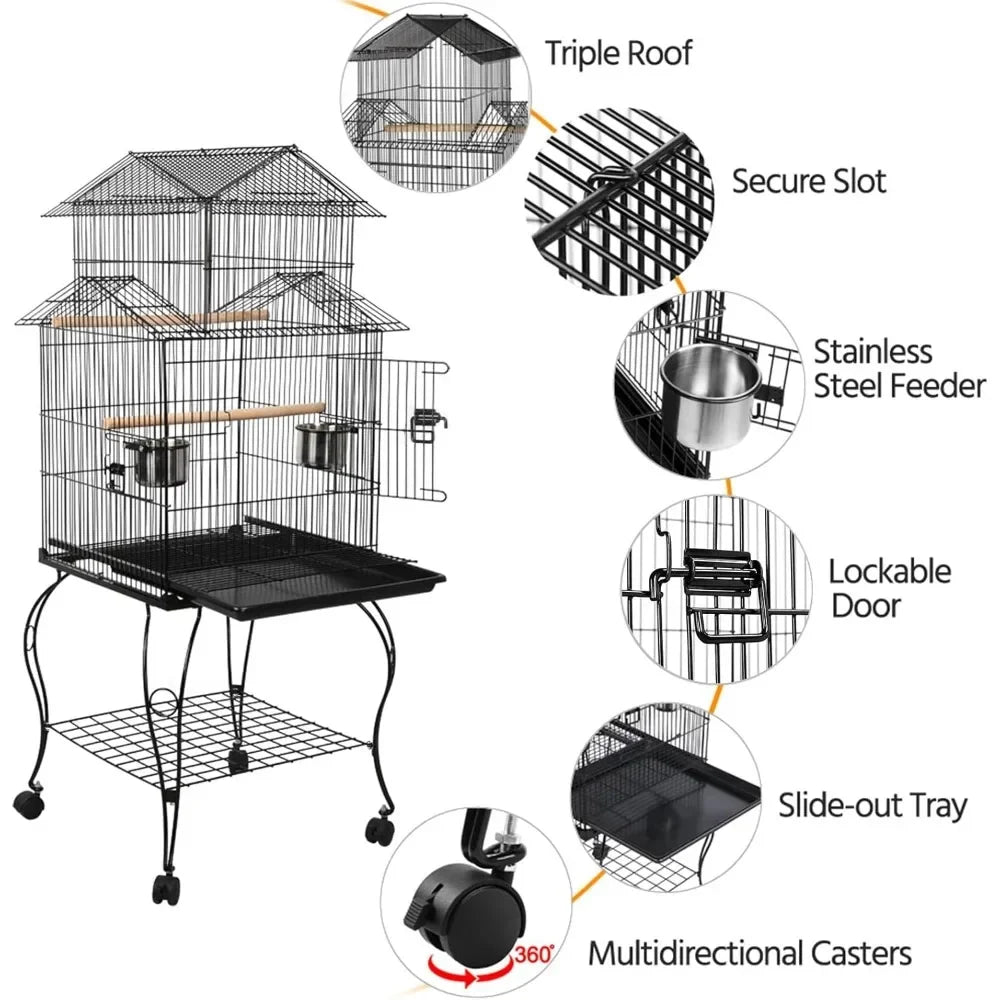 55 Inch Rolling Standing Parrot Cage with Detachable Stand for Cockatiels