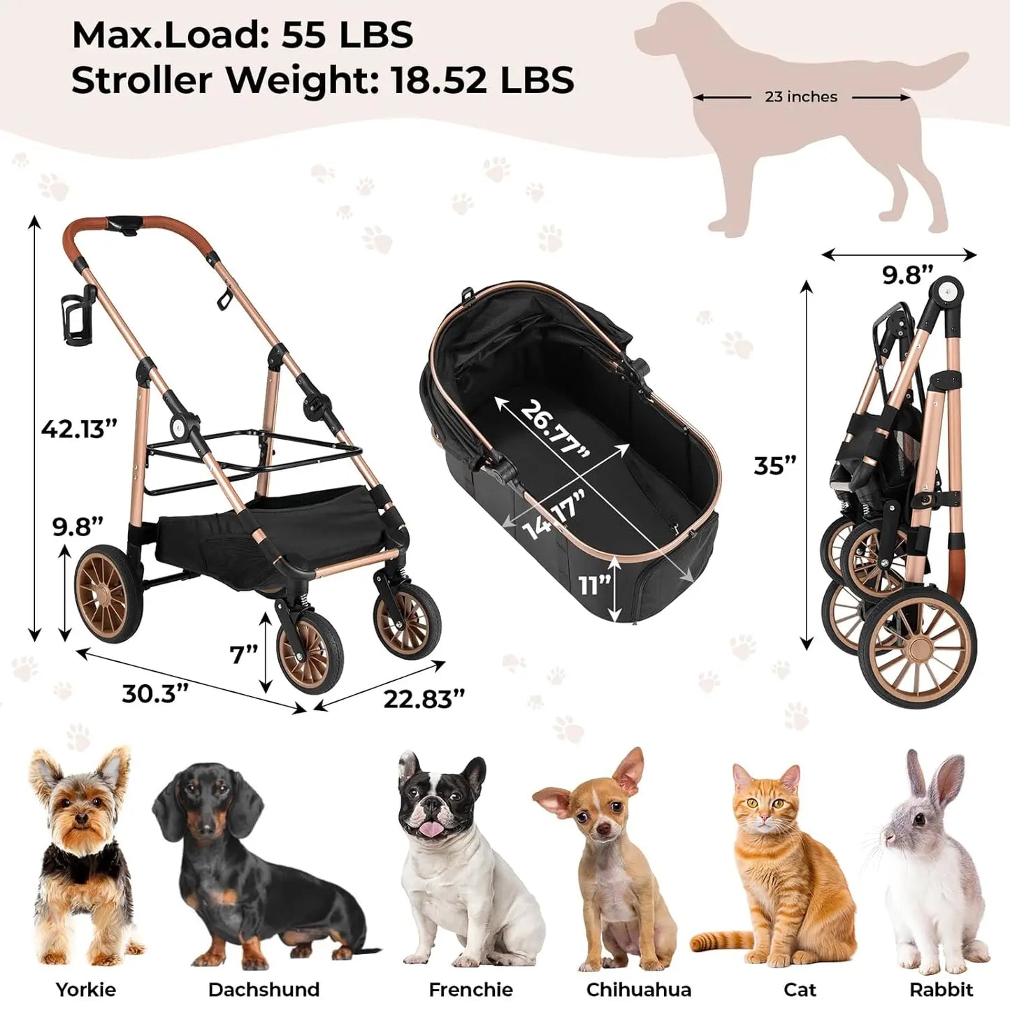 360 Degree High Wheels Foldable Cat and Dog Stroller with Car Attachment