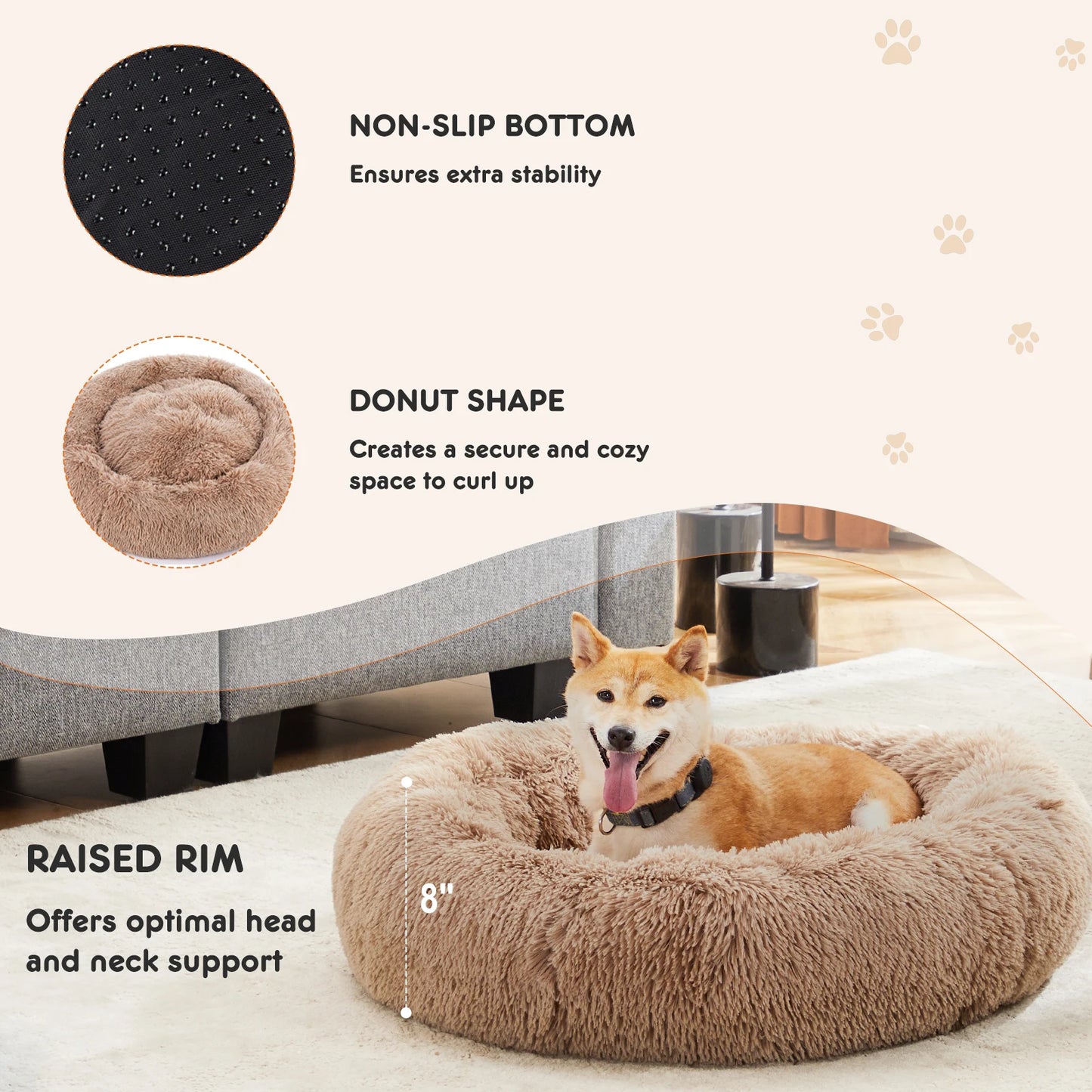 JHK Calming Dog Bed Plush Faux Fur Anti Slip Round Pet Bed