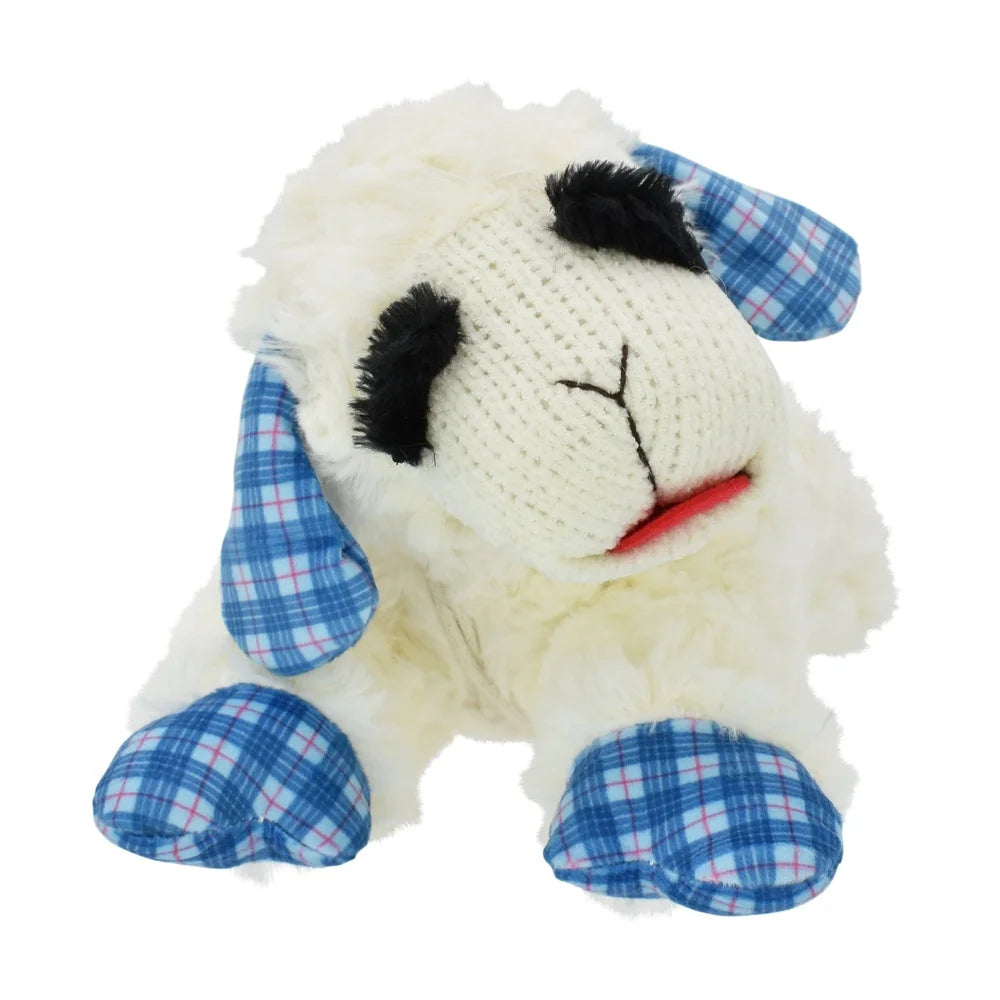 Medium Plush Lamb Chop Dog Toy with Squeaker and Blue Plaid Ears 12 Inch