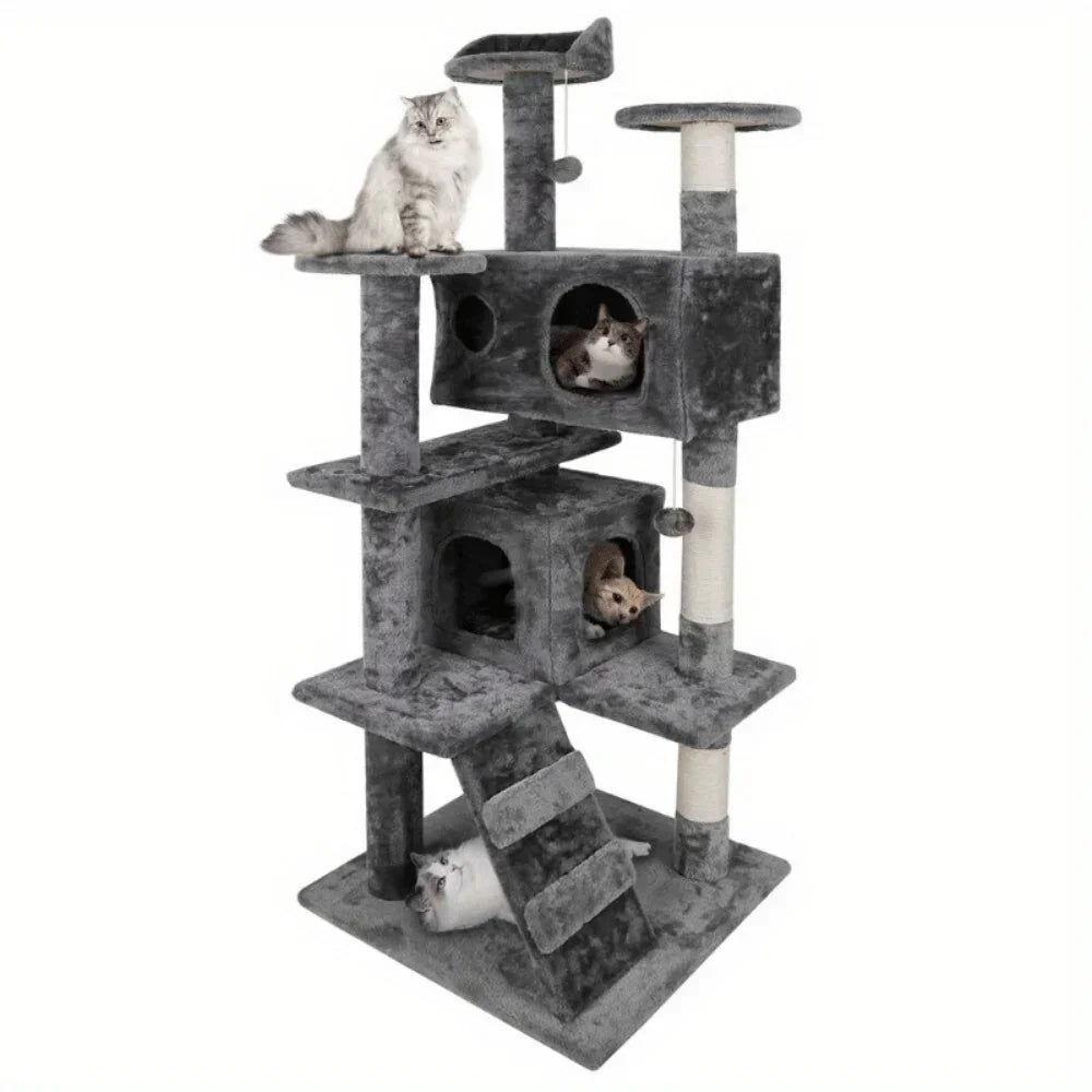 55 Inch Cat Tree Tower Activity Center Three-Tier House in Grey Beige Blue Brown Pink