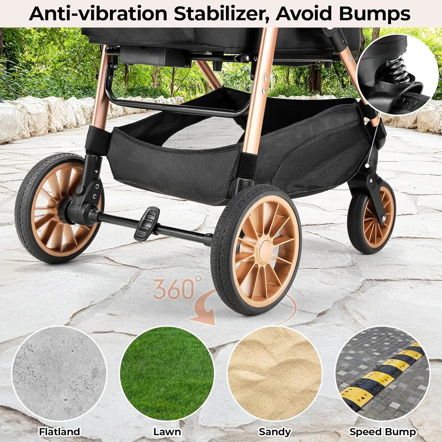 360 Degree High Wheels Foldable Cat and Dog Stroller with Car Attachment