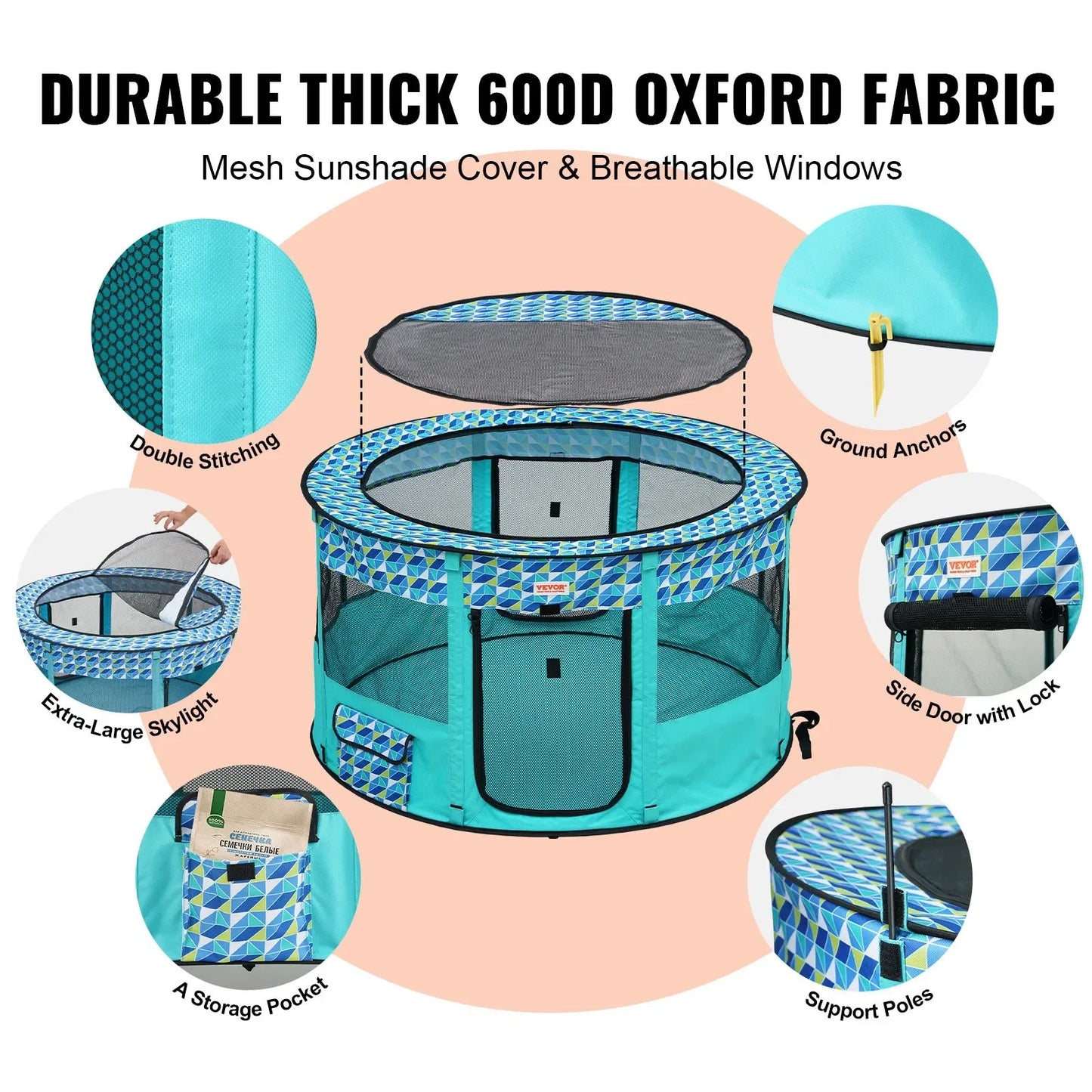 Foldable Portable Dog Playpen 44 Inch Round Crate with Removable Zipper