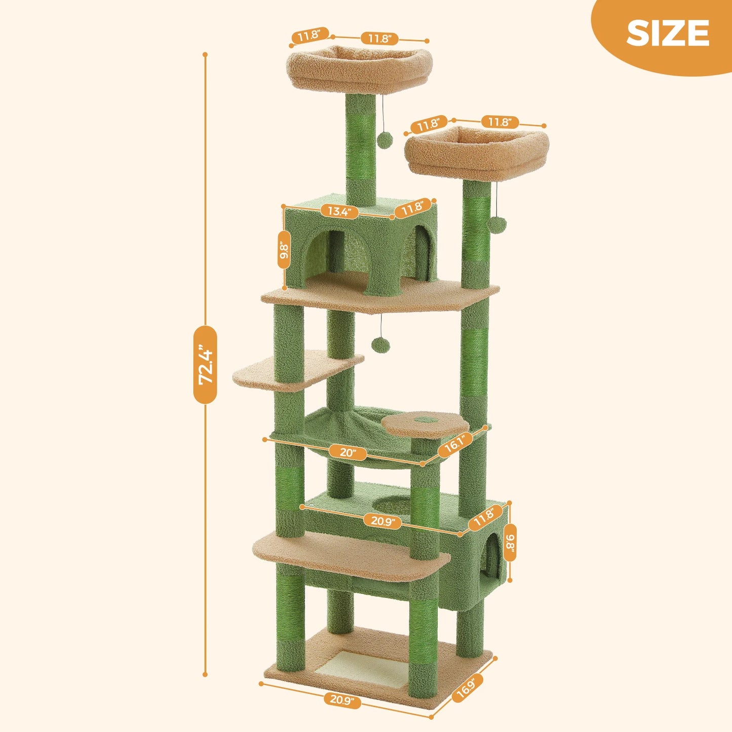 Luxury Multi-Level Cat Tree 72.4 Inch with Condo Hammock and Scratching Post