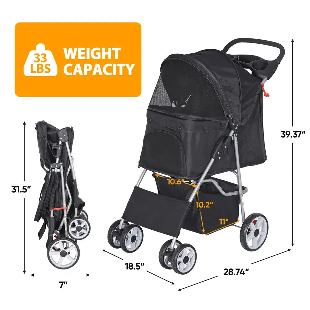 Dog Stroller Pet Travel Carriage Safe 4 Wheeler Foldable Carrier Cart