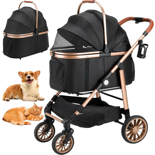360 Degree High Wheels Foldable Cat and Dog Stroller with Car Attachment