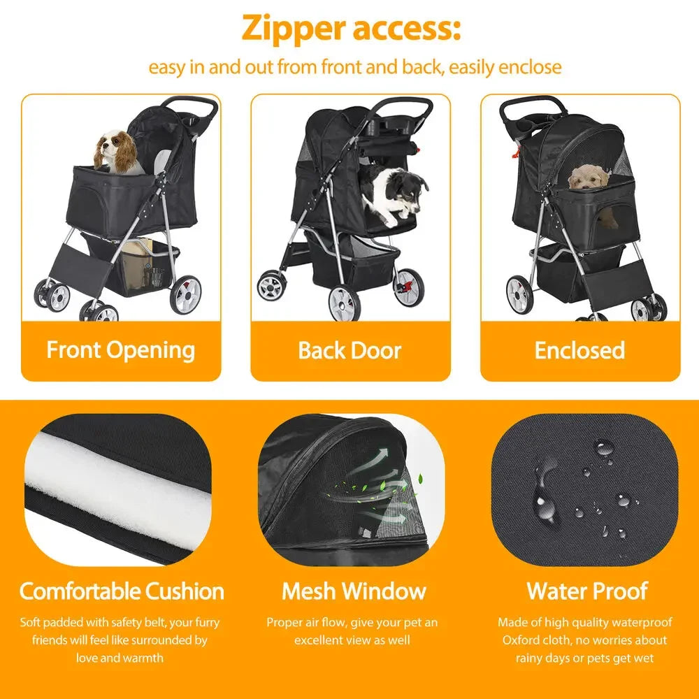 Dog Stroller Pet Travel Carriage Safe 4 Wheeler Foldable Carrier Cart