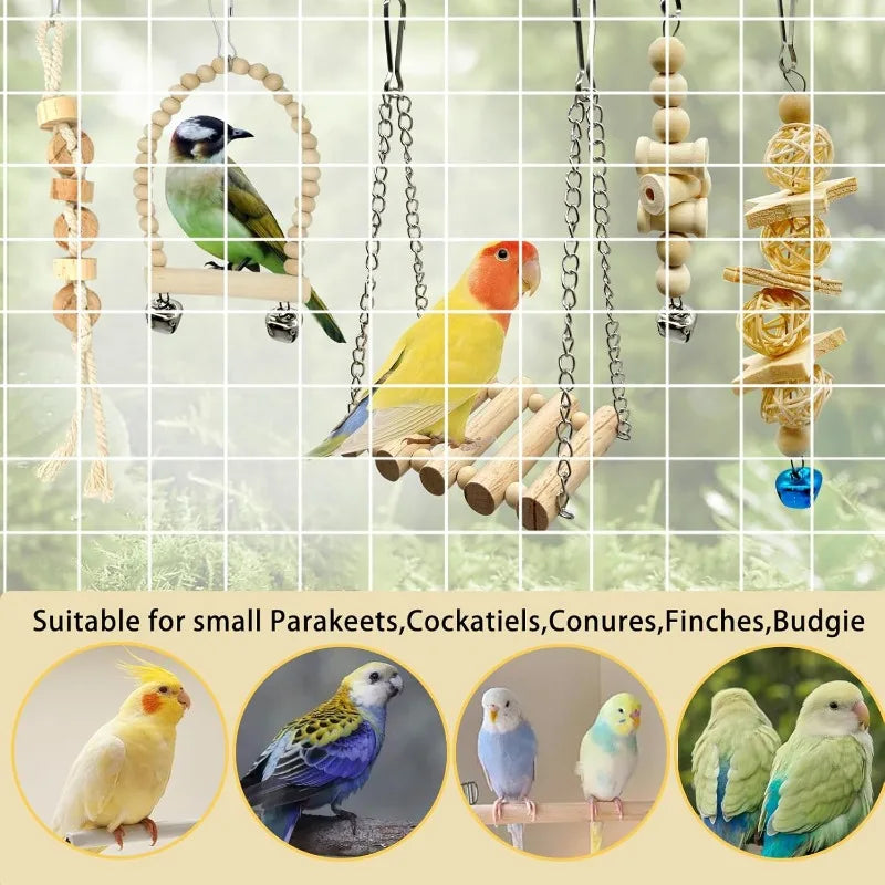Zhejiang Parrot Bird Wood Swing Chew Bell Cage Toy Perch