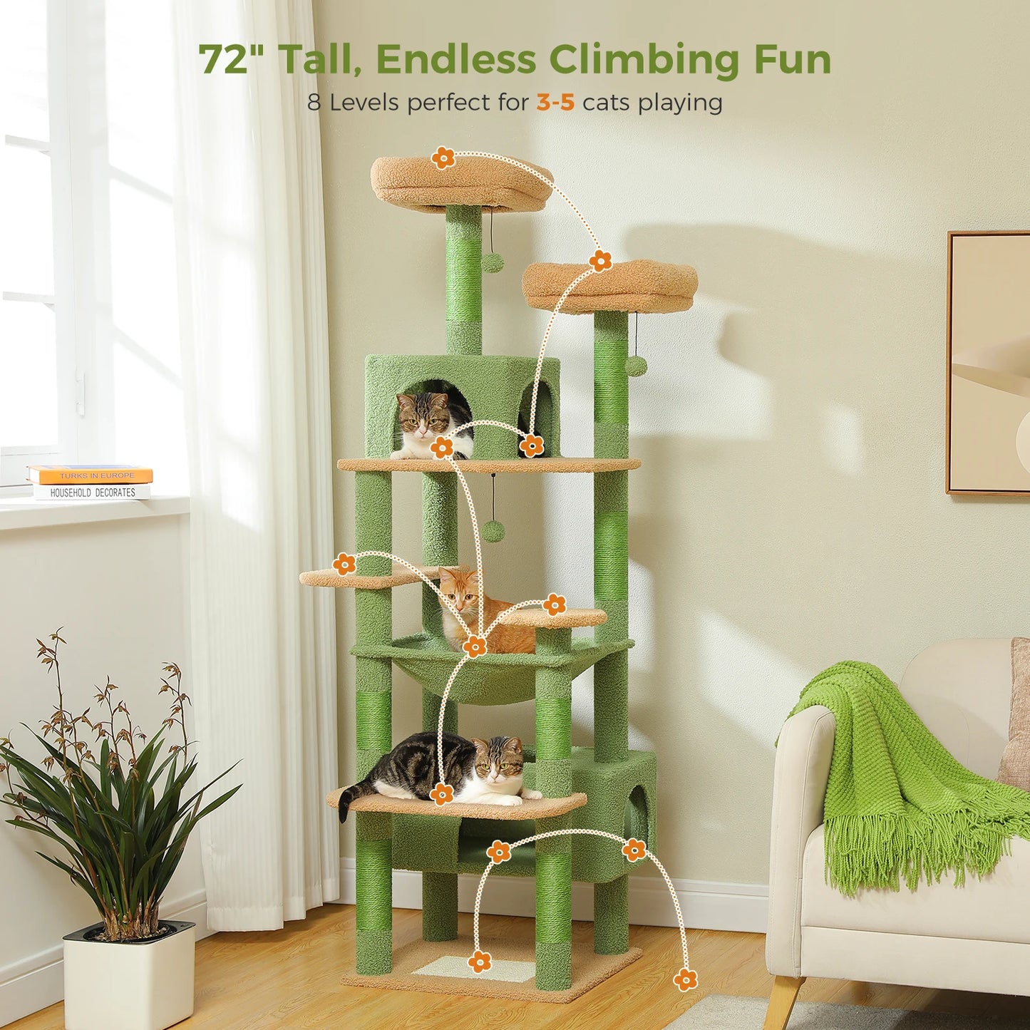 Luxury Multi-Level Cat Tree 72.4 Inch with Condo Hammock and Scratching Post