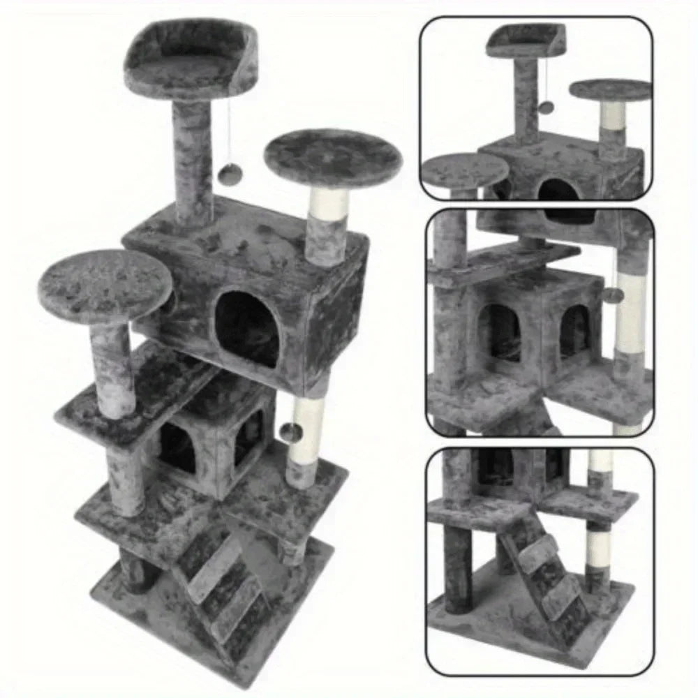 55 Inch Cat Tree Tower Activity Center Three-Tier House in Grey Beige Blue Brown Pink