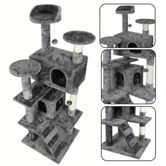 55 Inch Cat Tree Tower Activity Center Three-Tier House in Grey Beige Blue Brown Pink