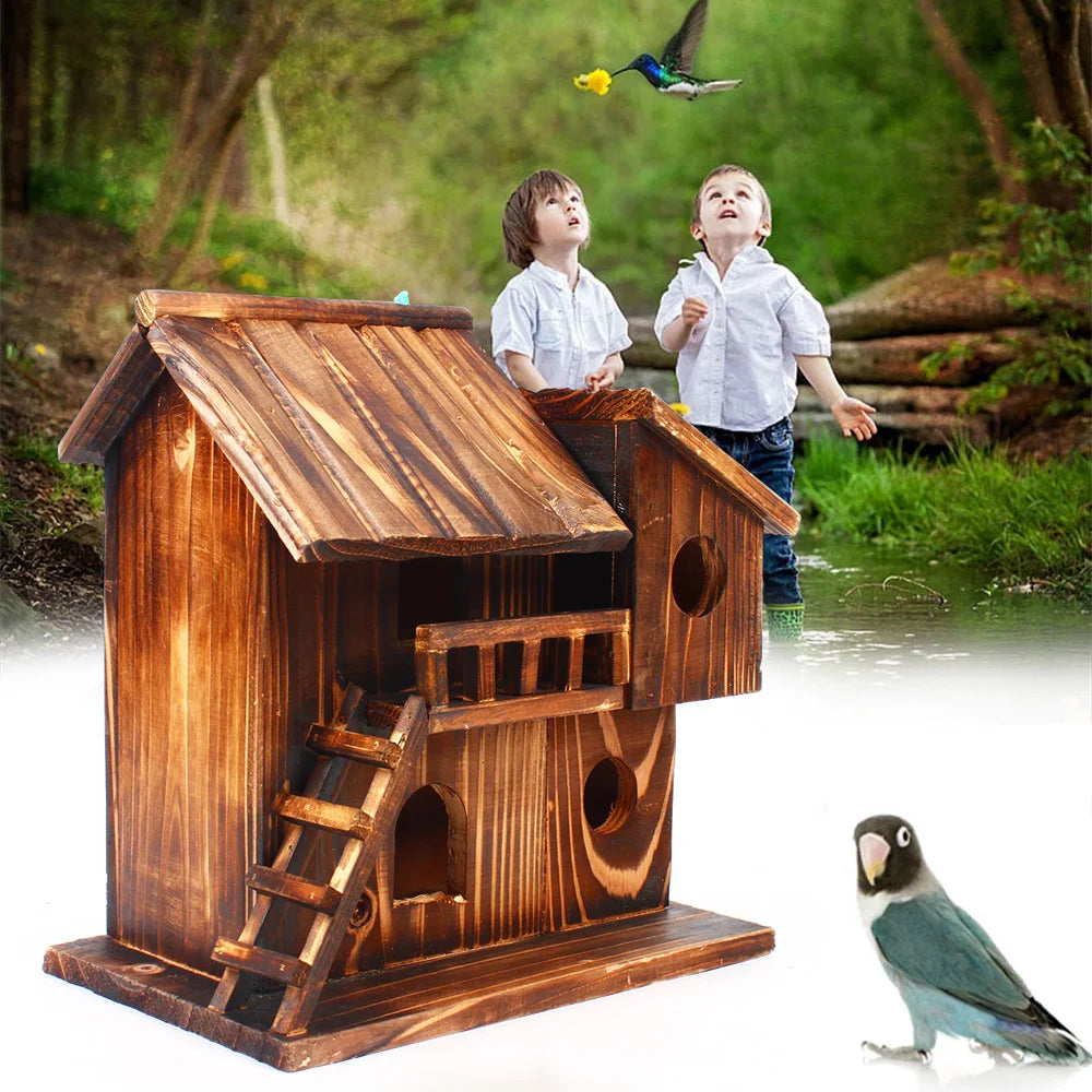 Wooden Hanging Cage House Toy for Pet Birds and Squirrels Outdoor Use