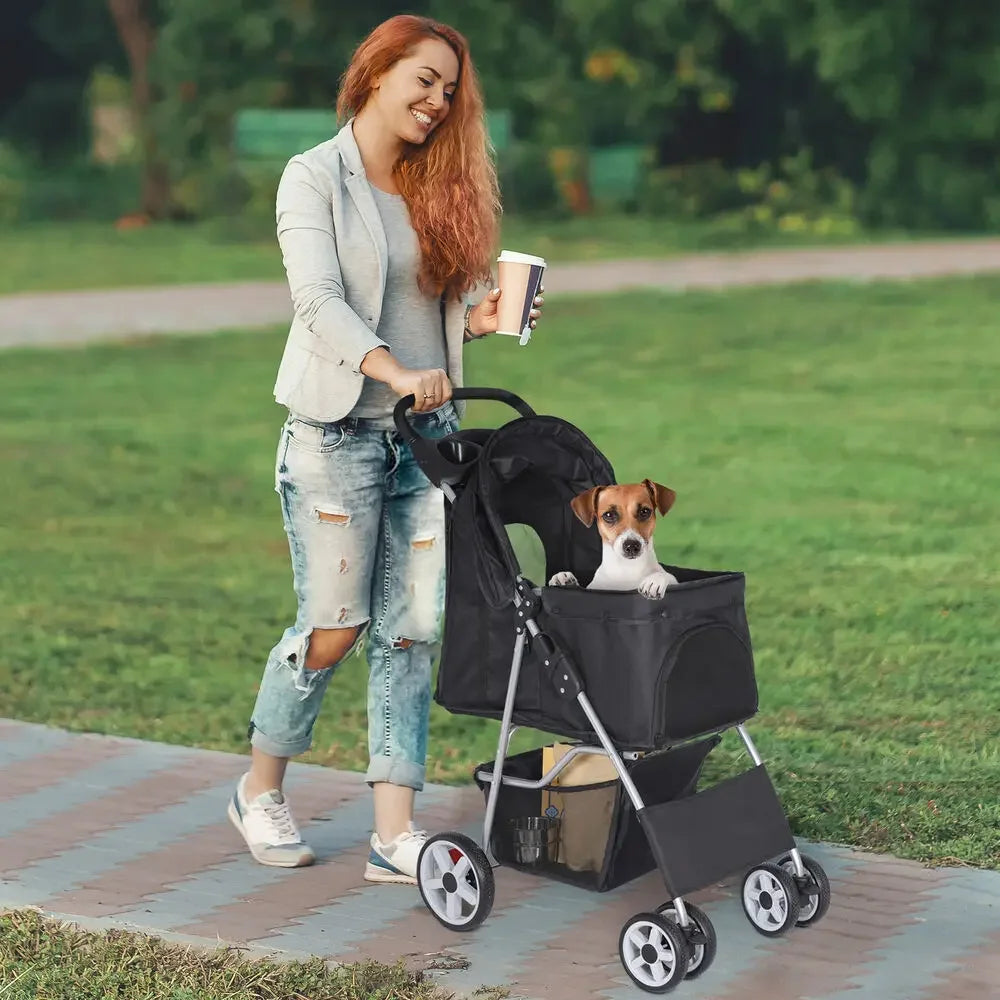 Dog Stroller Pet Travel Carriage Safe 4 Wheeler Foldable Carrier Cart
