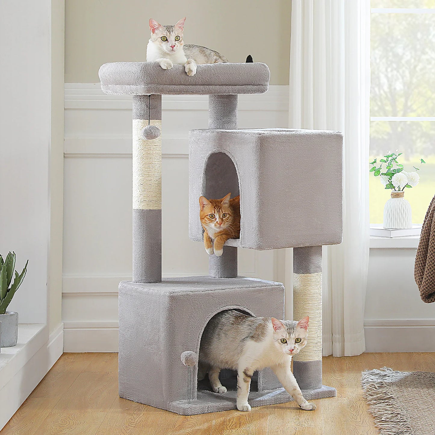 PEQULTICN Three Level Cat Tree With Cat House And Pompoms