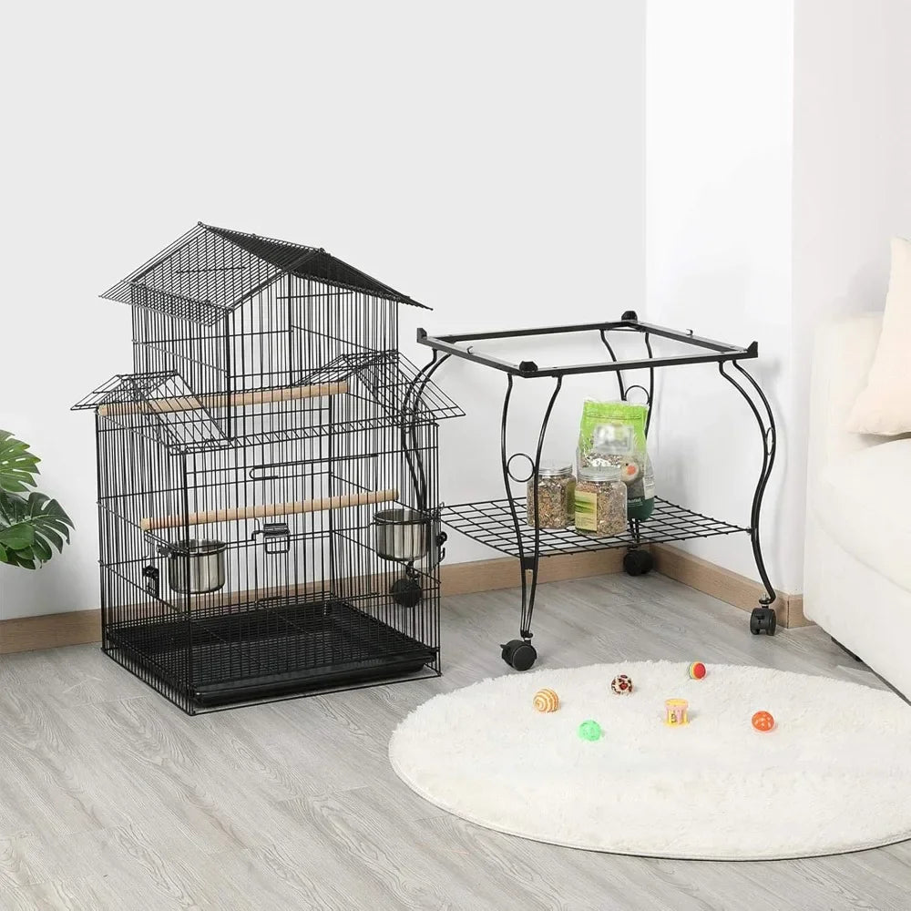 55 Inch Rolling Standing Parrot Cage with Detachable Stand for Cockatiels