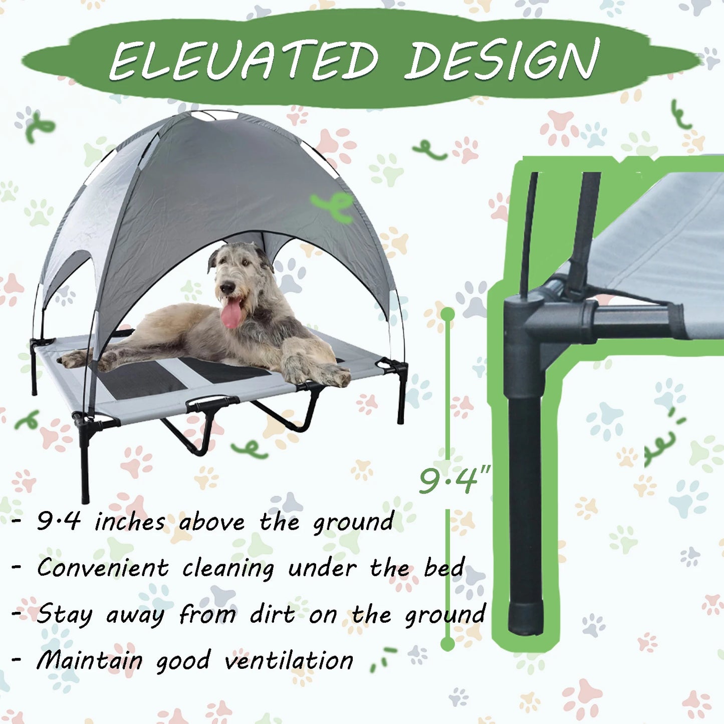 Elevated Dog Bed with Canopy Anti Scratch Portable Cot for Indoor Outdoor Use