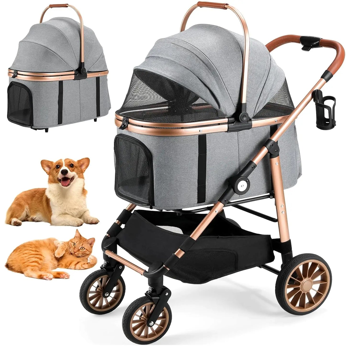 360 Degree High Wheels Foldable Cat and Dog Stroller with Car Attachment