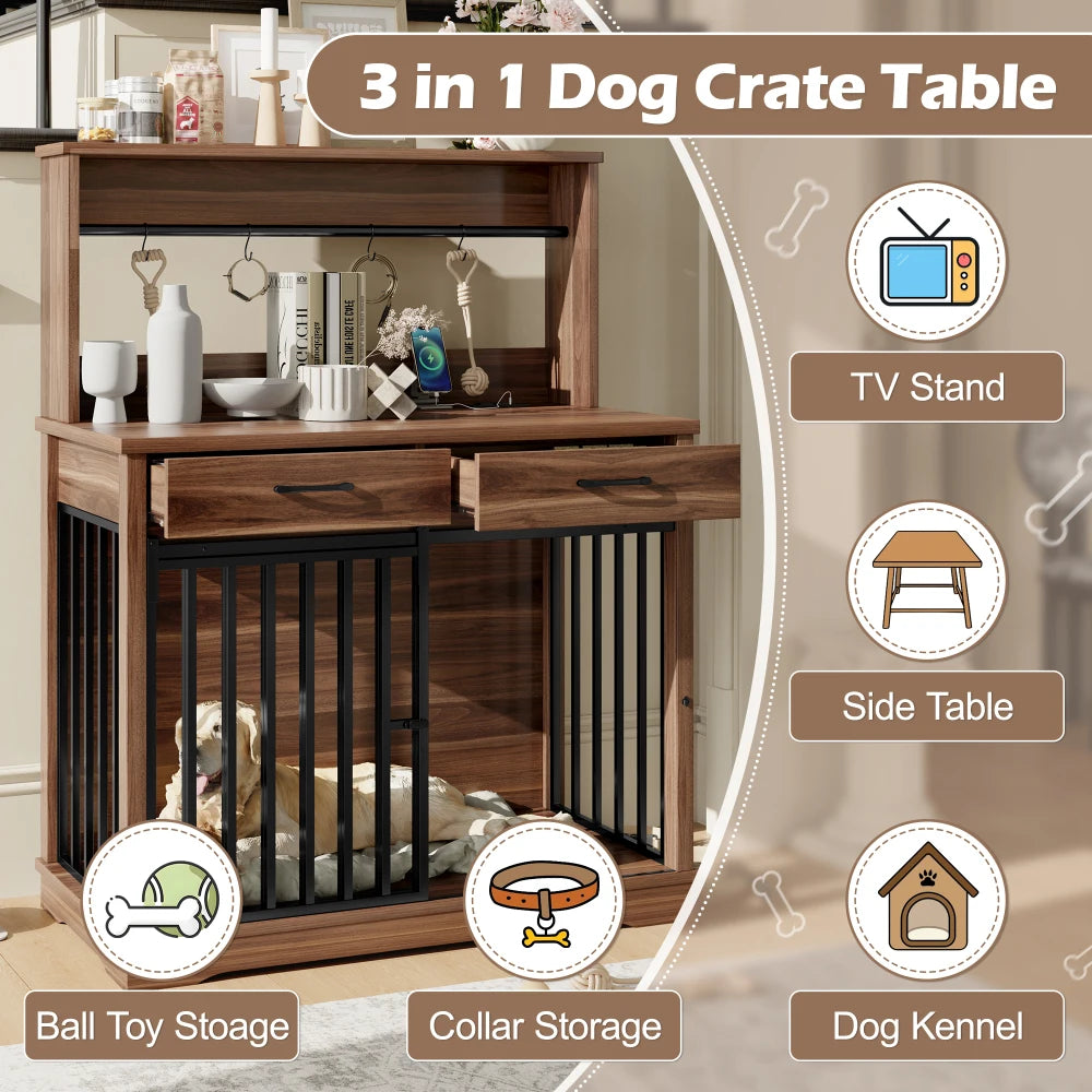 38 Inch Heavy Duty Dog Crate Furniture with Storage Drawers and Shelves