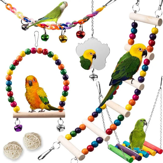 ZhejiangHign Wood Bird Toys 7Pcs Perch Swing Set Parakeets