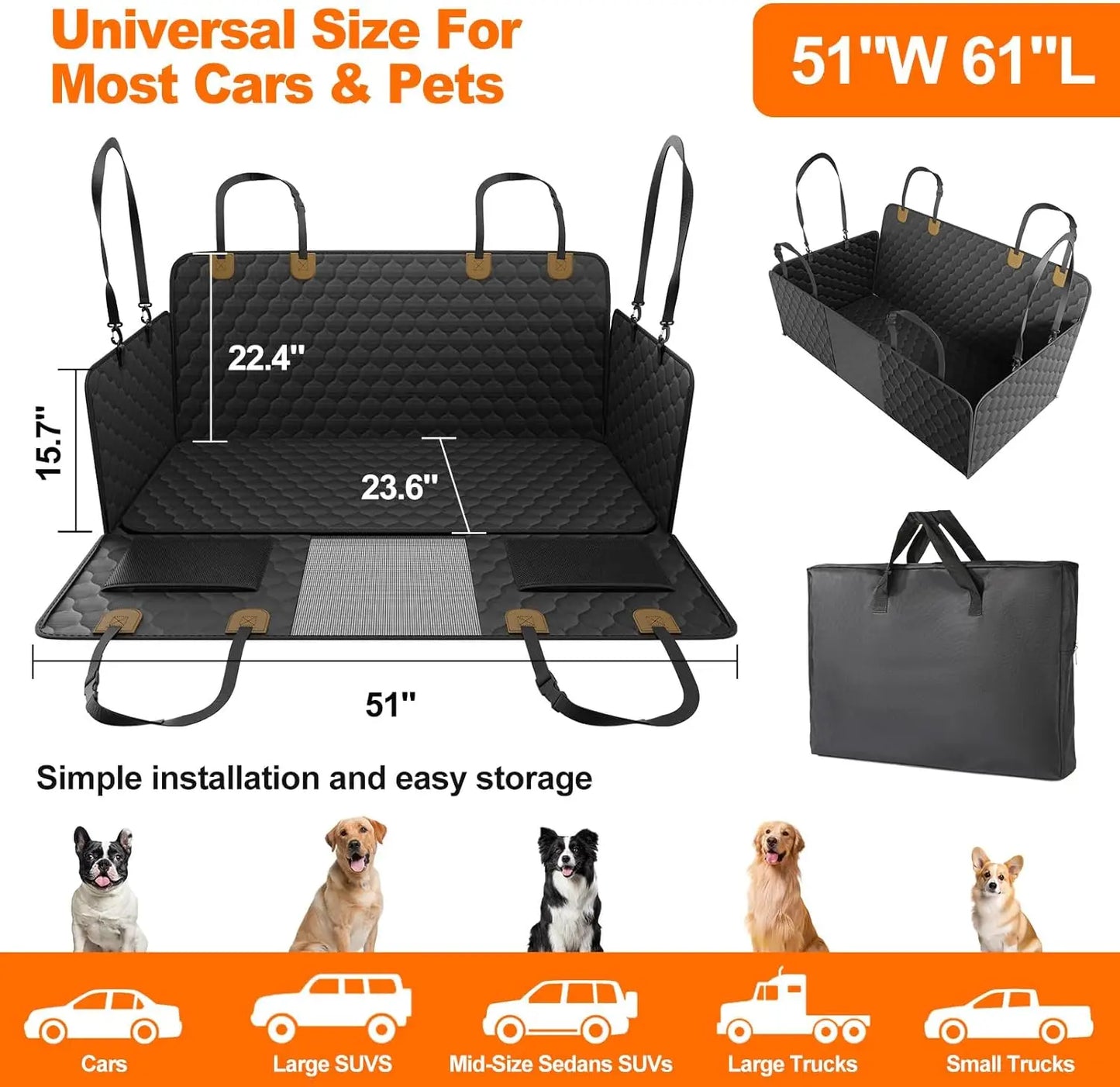 Waterproof Foldable Dog Car Seat Hammock Rear Seat Protector Travel Accessory