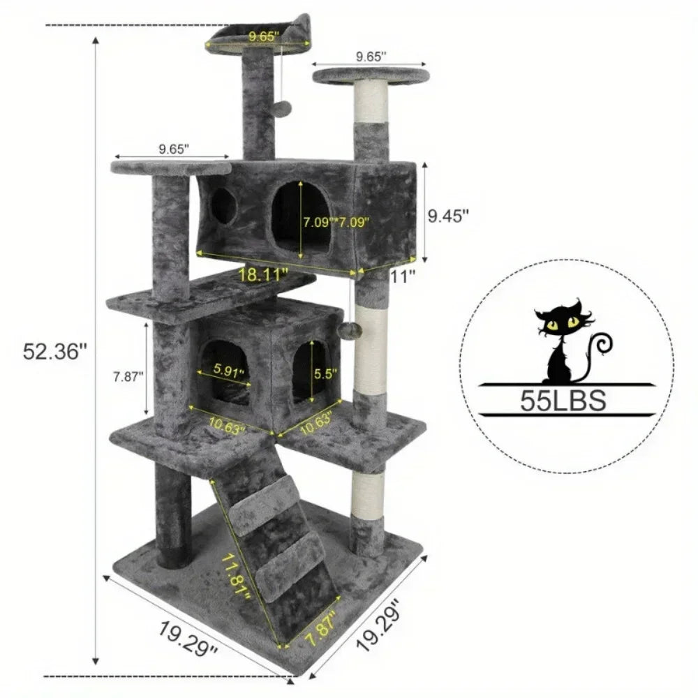 55 Inch Cat Tree Tower Activity Center Three-Tier House in Grey Beige Blue Brown Pink
