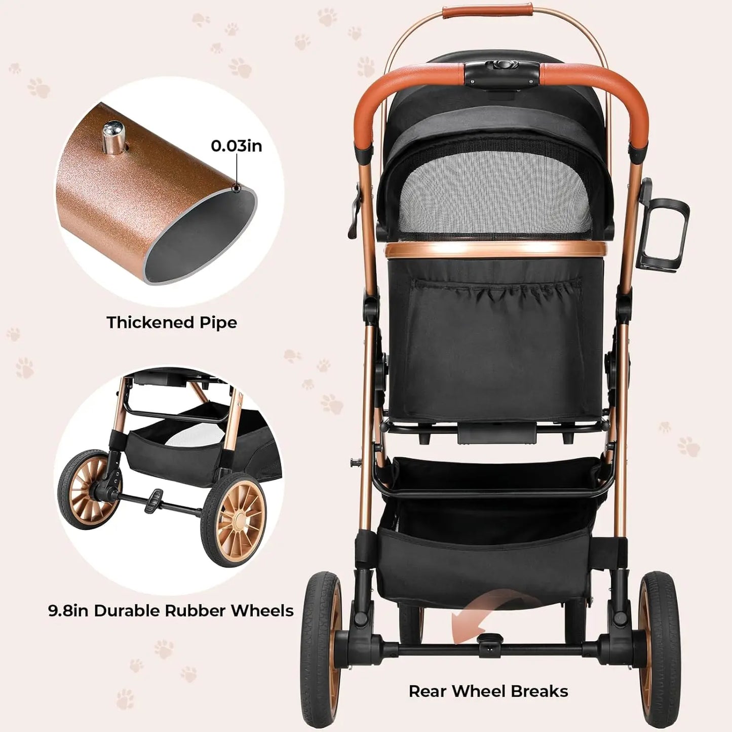 360 Degree High Wheels Foldable Cat and Dog Stroller with Car Attachment