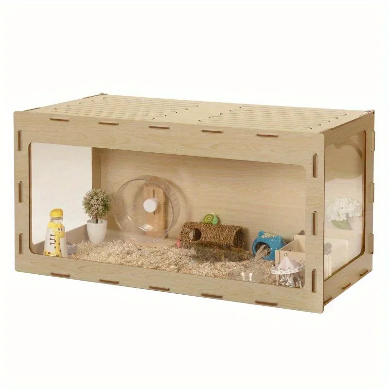 Large Wooden Hamster Cage with Acrylic Board and Flip Top for Comfortable Habitat