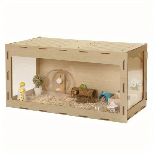 Large Wooden Hamster Cage with Acrylic Board and Flip Top for Comfortable Habitat